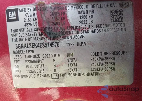 2014 Chevrolet Captiva Sport Lt z USA, uszkodzony, nr VIN 3GNAL3EK4ES514576